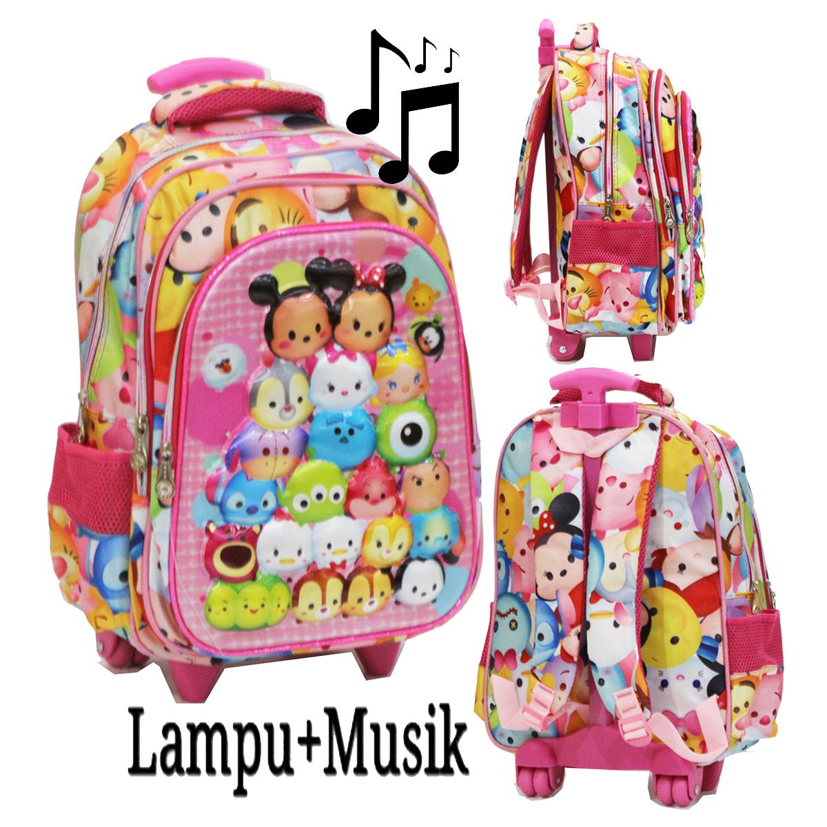 Onlan Tas Trolley Anak Sekolah SD Tsum Tsum LAMPU DAN MUSIC 5D Timbul Ukuran 3 Kantung Import - Pink