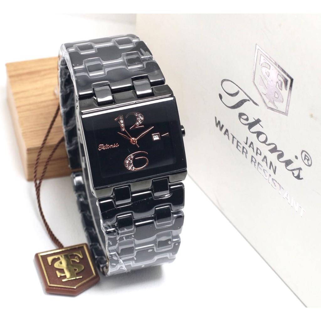 JAMTANGAN TETONIS WANITA KERAMIK ORIGINAL ANALOG TANGGAL HITAM PUTIH