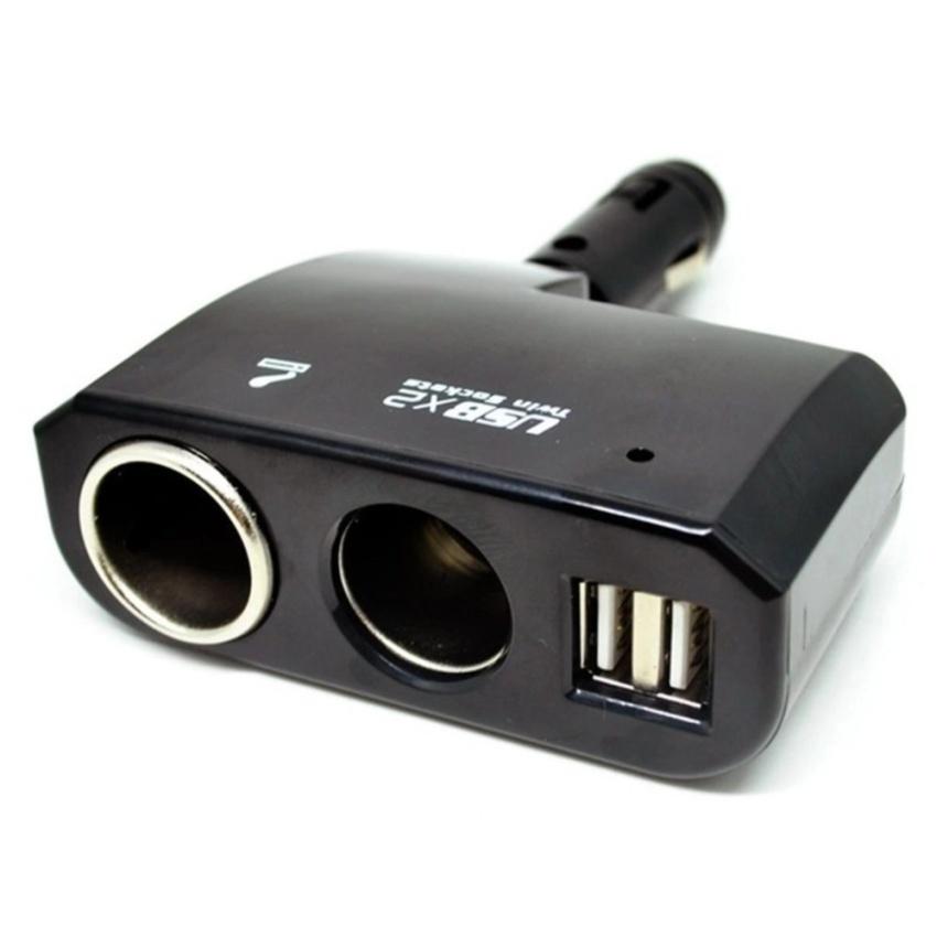 Teiton Car Charger Splitter 2 Socket with 2 Port USB 5V 2.1A Casan Hp Adapter Head Charge Gadget Kepala Cas Handphone Tablet di Mobil Isi Ulang Daya Baterai 2 Lubang Awet Material Berkualitas Mencegah Overheat Travel - Hitam