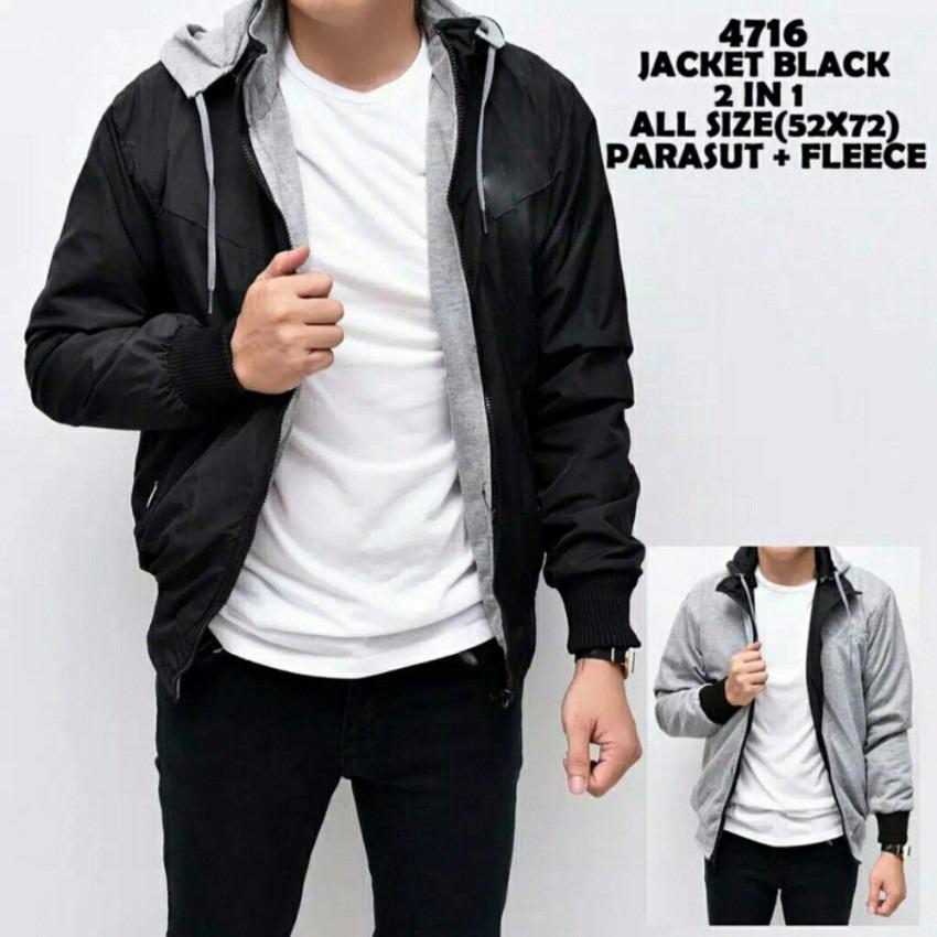 IGS Jaket Sweater Parasut Hodie Bolak Balik Hitam-Abu Fashion Pria Termurah