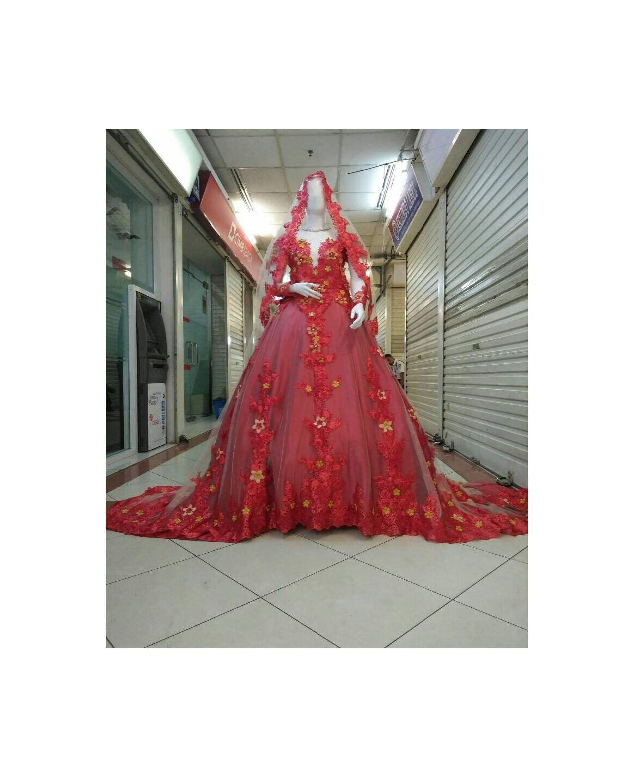 Gaun Kebaya Pengantin Muslimah Syari Merah kom kng