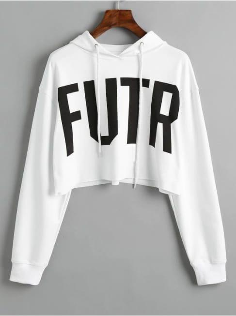 MichelleStore Sweater Wanita Crop Hoodie Tali Motif F U T R - Putih