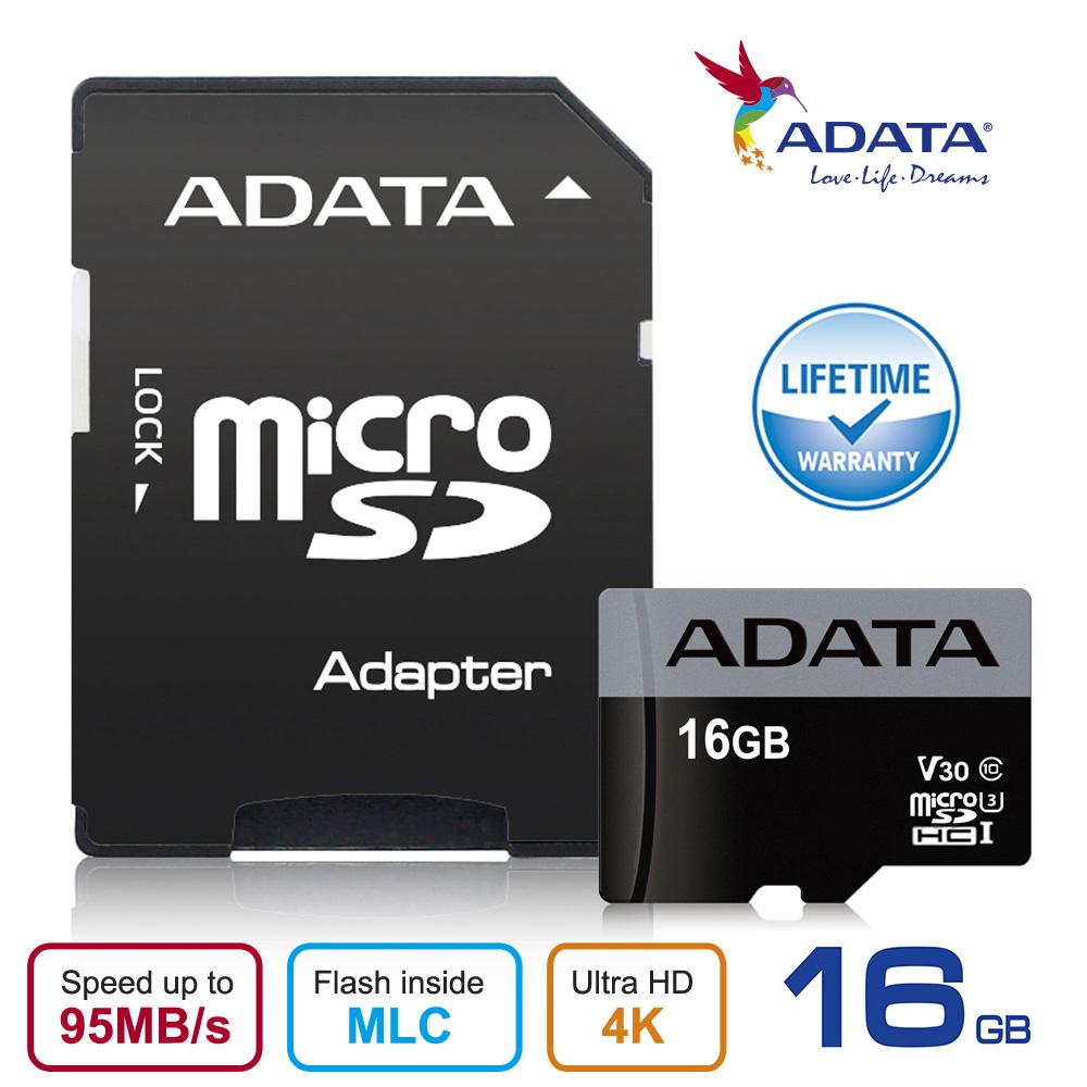 ADATA V30S Premier Pro microSDXC Micro SDHC UHS-I U3 Class 10 - 100MBps Memory Card 16 GB + Adapter Black
