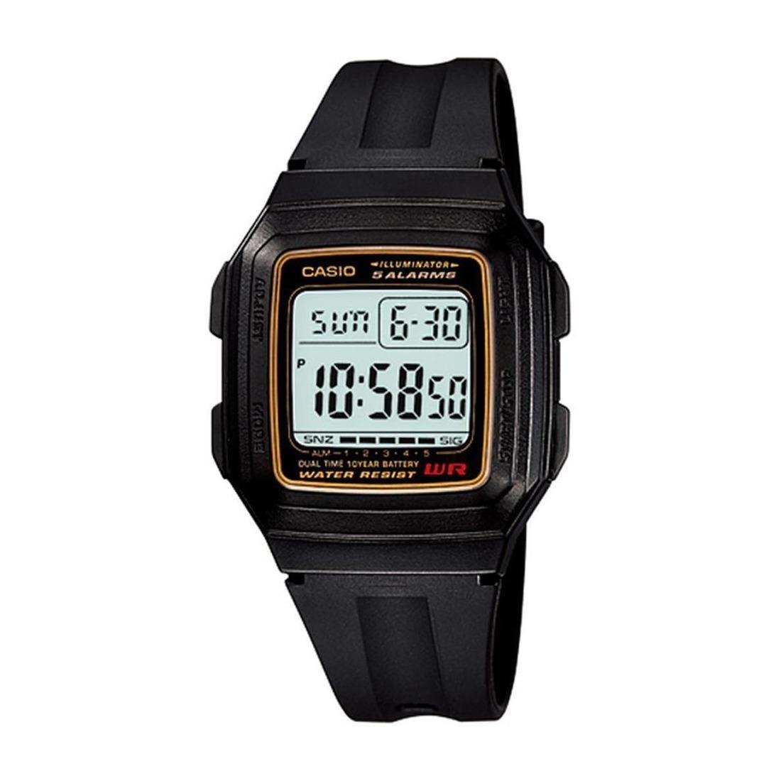 CASIO F-201WA-9ADF - Illuminator - Dual Time - Jam Tangan Pria - Bahan Tali Resin - Hitam