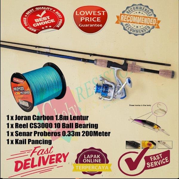 PAKET PANCINGAN KOLAM Joran Fiber Telescopic 2 Segments 1.8M Plus Reel DEBAO CS3000 10 Ball Bearing Plus BENANG proberos Bonus KUAT BEST