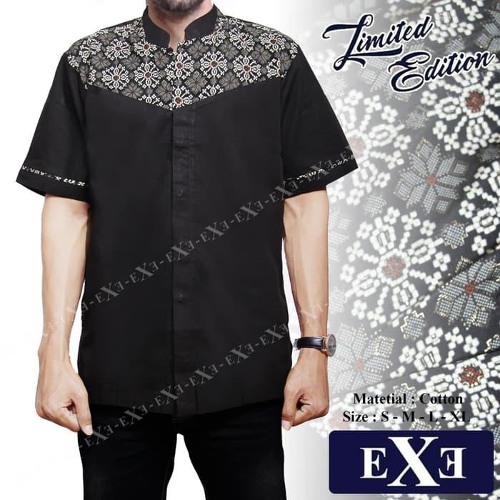 Kemeja Koko Pria eXe Lengan Pendek - Hitam & Putih Kombinasi Batik