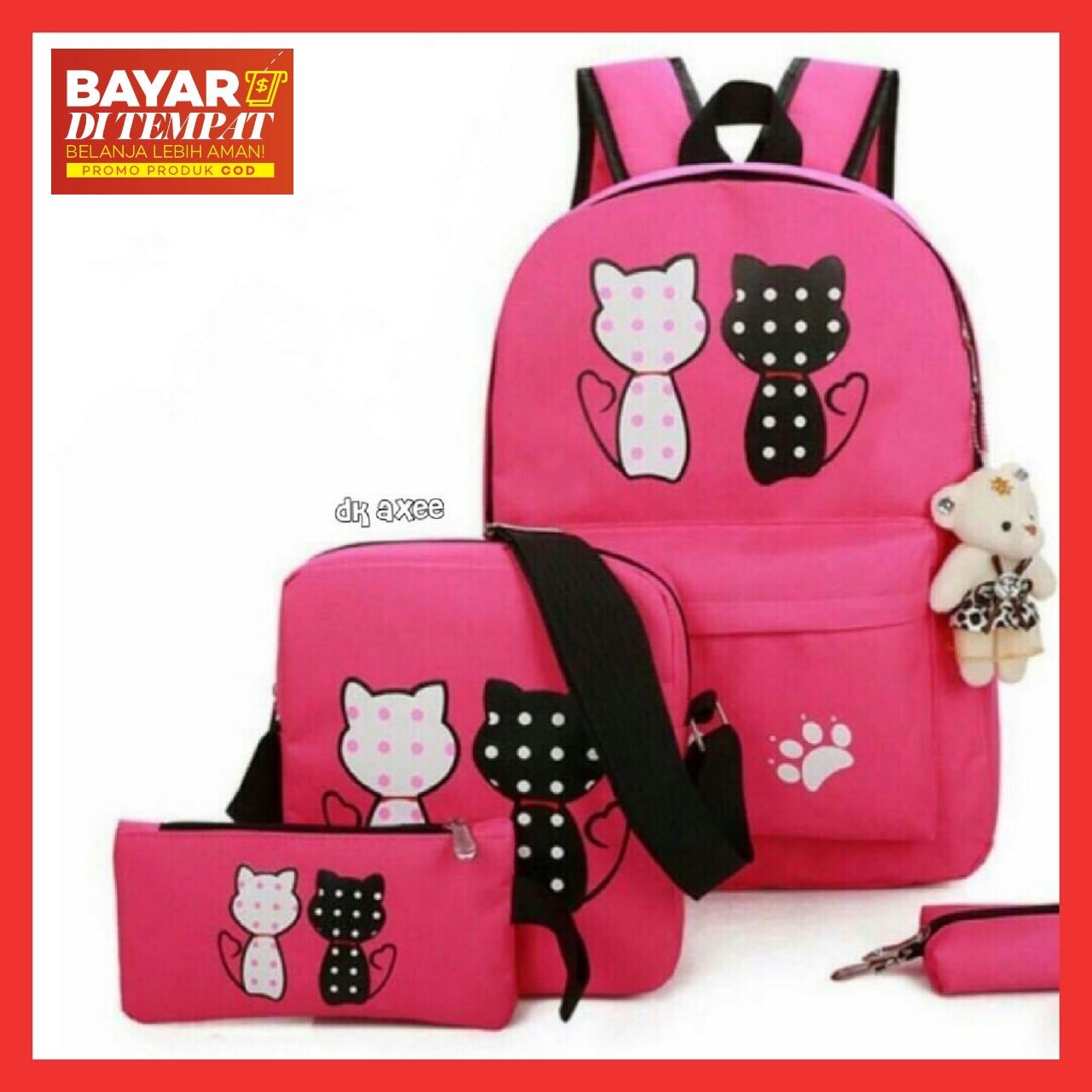 TAS RANSEL WANITA SET 4IN1 MOTIF BACKSIDE CAT