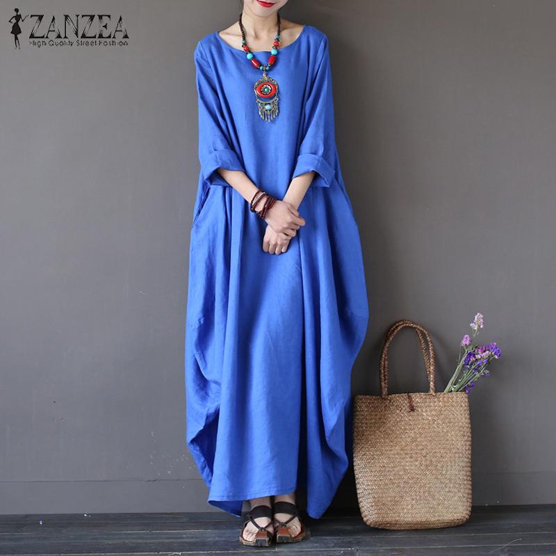 ZANZEA Wanita Crewneck 3/4 Batwing Lengan Baggy Maxi Panjang Baju Kemeja Kasual Partai Kaftan Solid Jubah Vestido Plus Ukuran (biru) -Intl