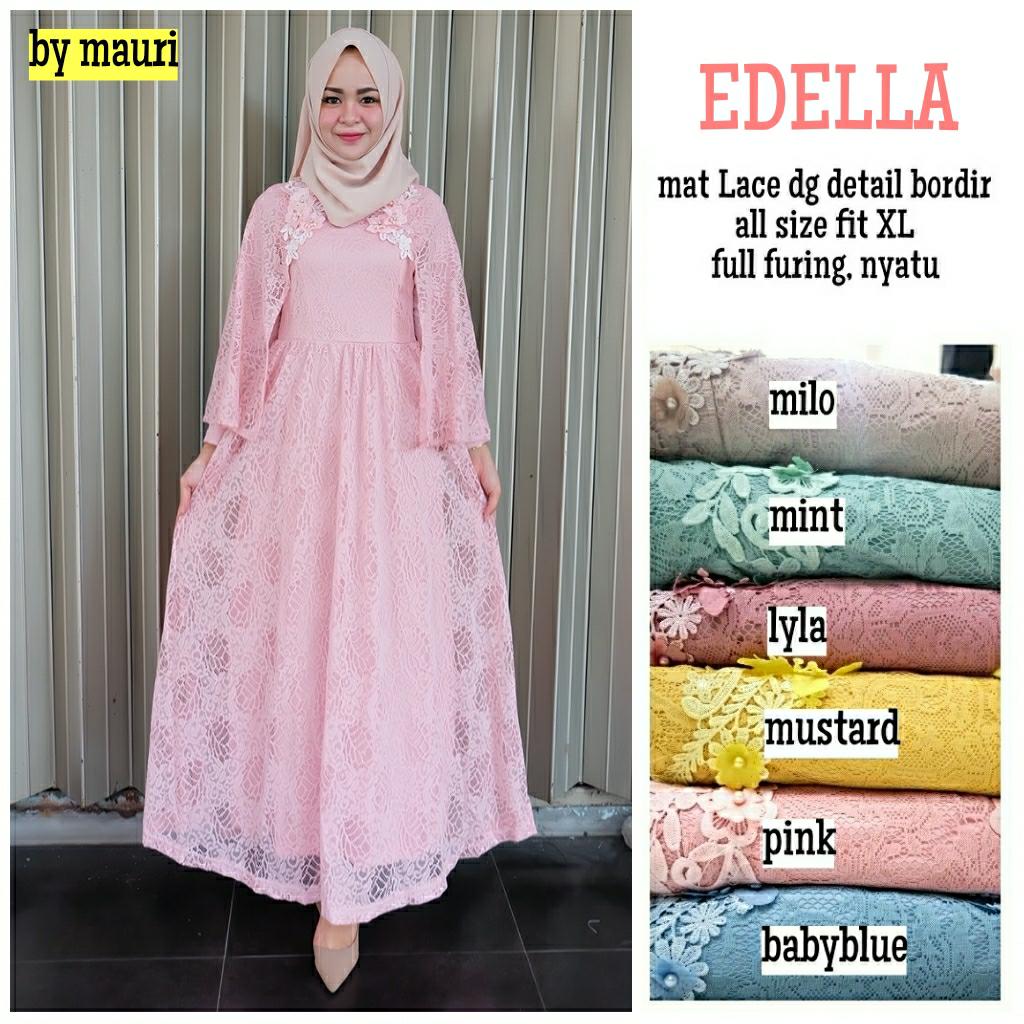 Gamis Long dress maxi wanita muslim brokat lace edella cape gaun pesta