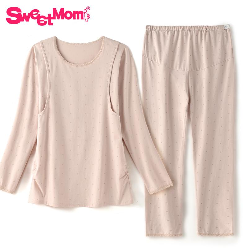 Baju Musim Gugur Wanita Hamil Baju Menyusui Leher Bulat Bawahan Sweater Tidur Katun