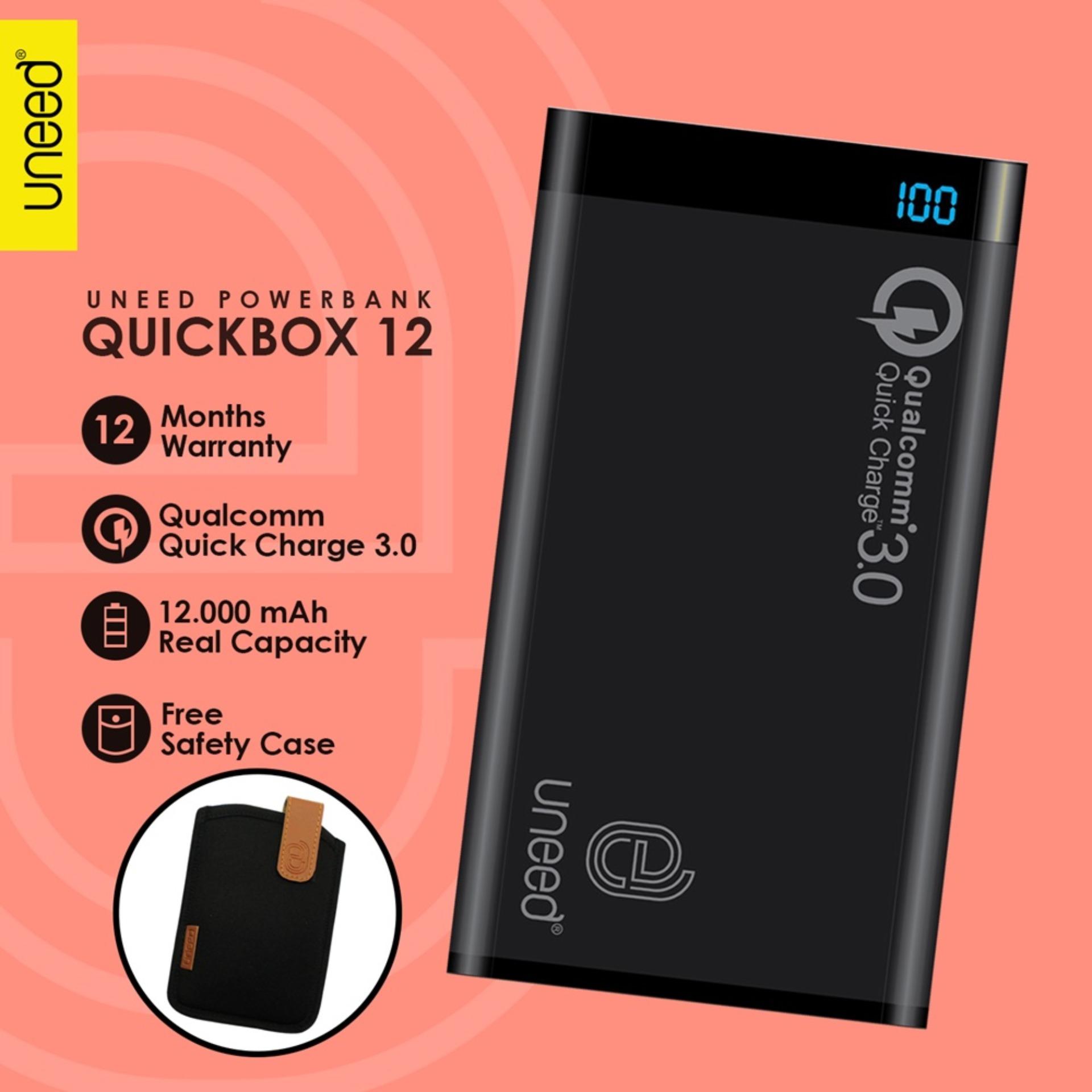 UNEED PowerBank 12000mah Qualcomm Quick Charge 3.0 QuickBox Dual USB Port Real Capacity - Original - Hitam