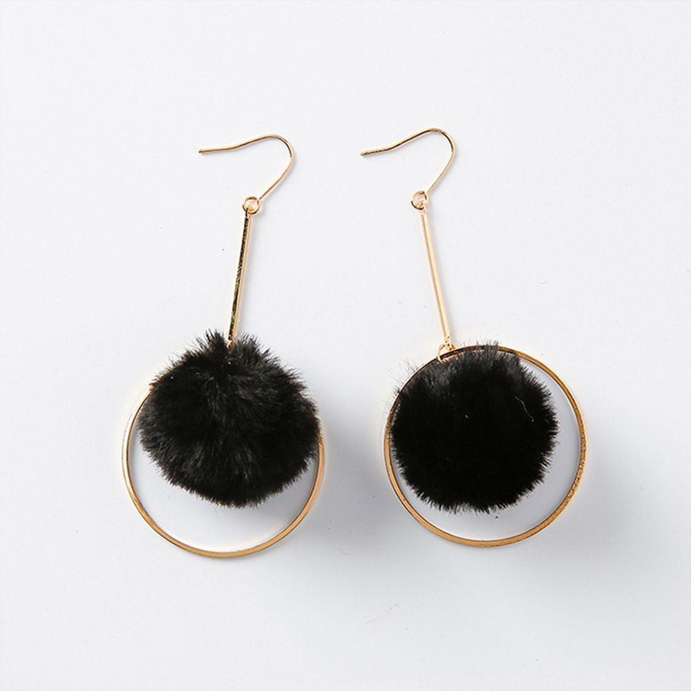 Anting Wanita Panjang Bentuk Bola Bulu / pom pom Bahan Metal Kualitas Tinggi