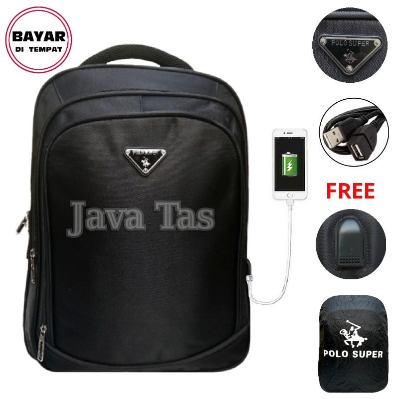 Java Tas Ransel Laptop Polo Super Tas Ransel Pria Tas Ransel Wanita Tas Laptop USB port Charger Tas Laptop Murah Tas Punggung Tas Kerja Tas Kuliah Tas Ransel Laptop Import Black + Raincover