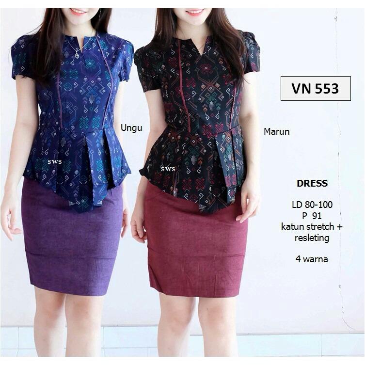 Dress Batik Modern Etnik Peplum Midi Kantor Wanita VN553