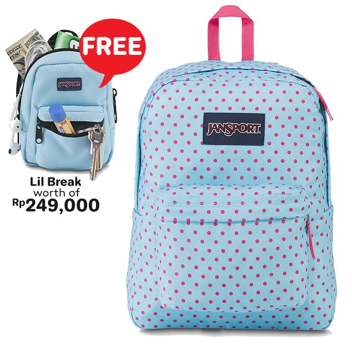 Tas Ransel JanSport Superbreak Blue Topaz/Lipstick Kiss Dot-O-Rama FREE Lil Break Blue Topaz