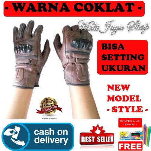 Sarung Tangan Motor Kulit Panjang FULL + Batok Protektor - Coklat Premium + Gratis Pulpen Lilin unik Serba Guna Hitam Pekat Mantap - 1 Pcs