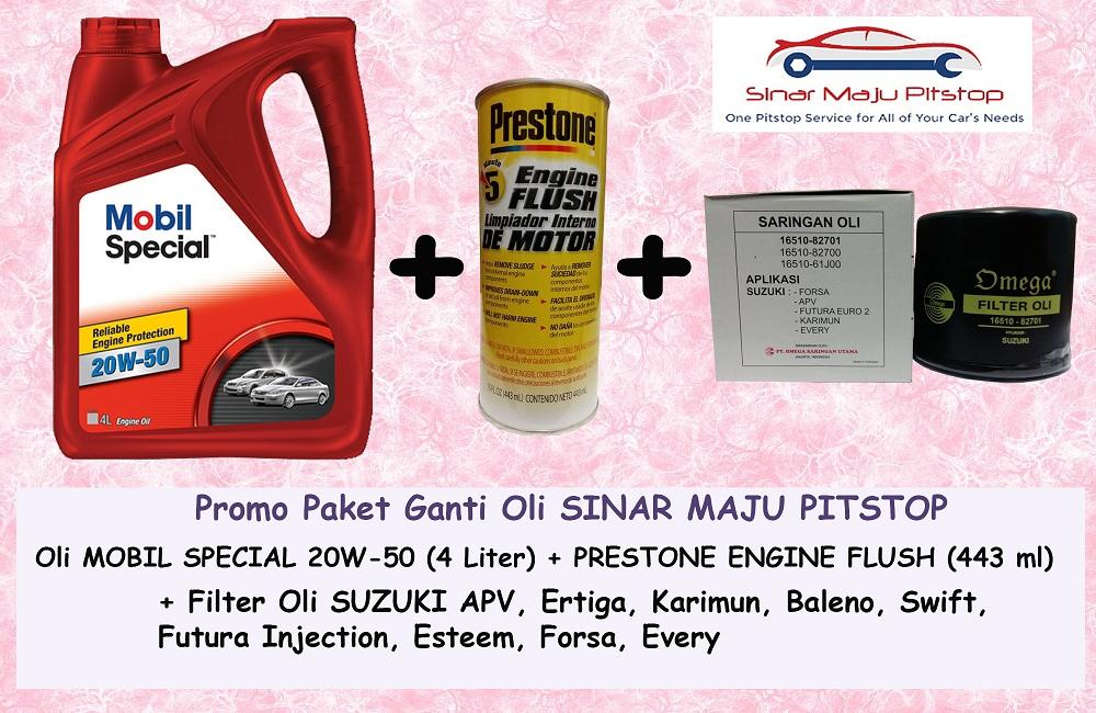 Promo Paket Ganti Oli MOBIL SPECIAL 20W-50 API SN 4 LITER & Prestone Engine Flush & Filter Oli SUZUKI FUTURA INJECTION ORIGINAL