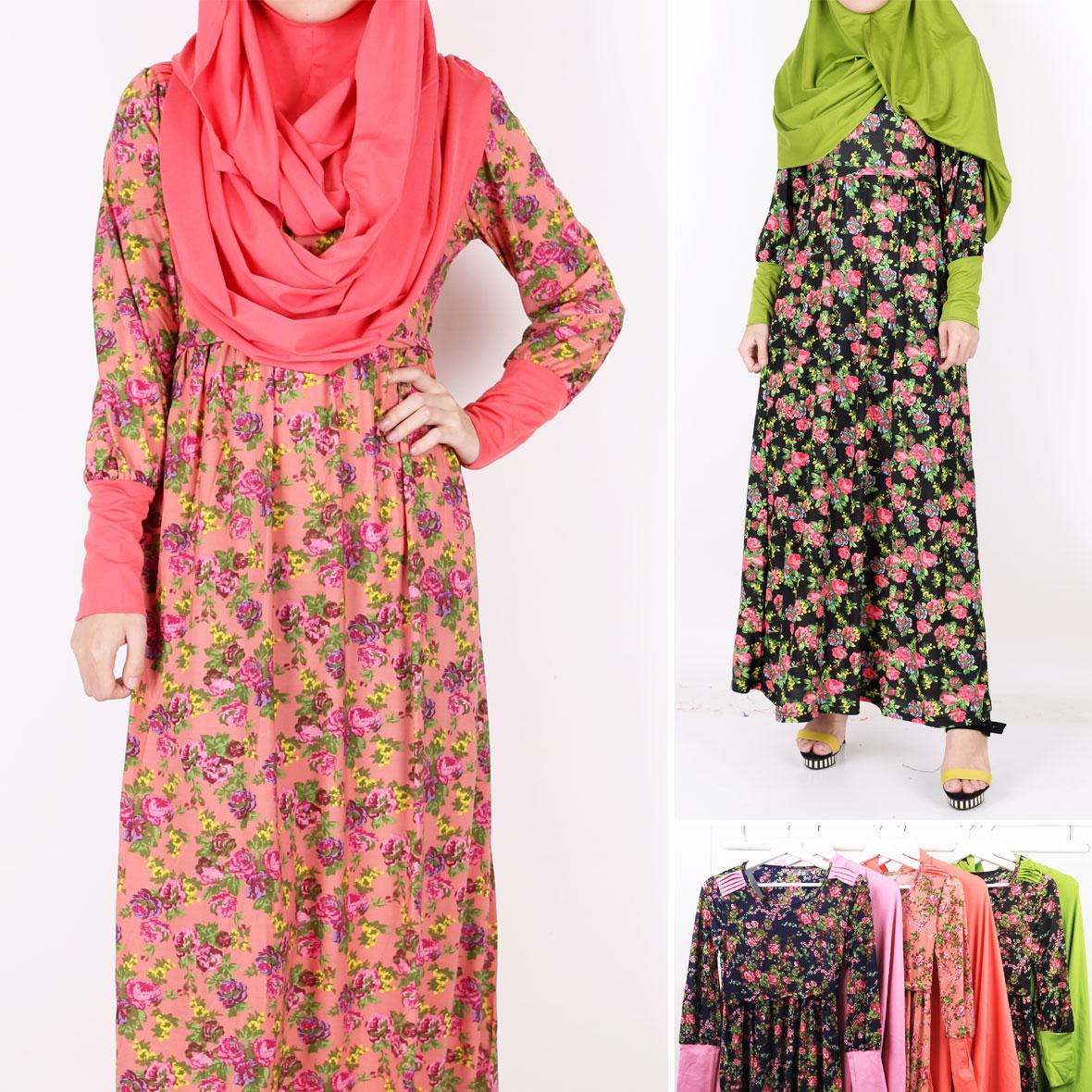 Oma Holley Fashion Baju Muslim Maxi Dress Kombinasi Luaran dan Dalaman Motif Bunga - Size M