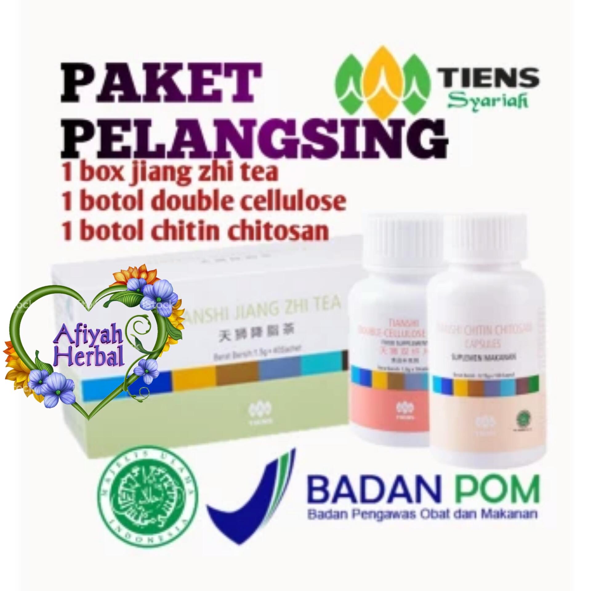 Tiens Paket Herbal Pelangsing Badan / Perontok Lemak / Detoksifikasi Racun Tubuh / Pencegah Kolestrol Dan Tekanan Darah Tinggi / 3 Produk / Jiang Zhi Tea / Double Cellulose / Chitin Chitosan By Afiyah Herbal