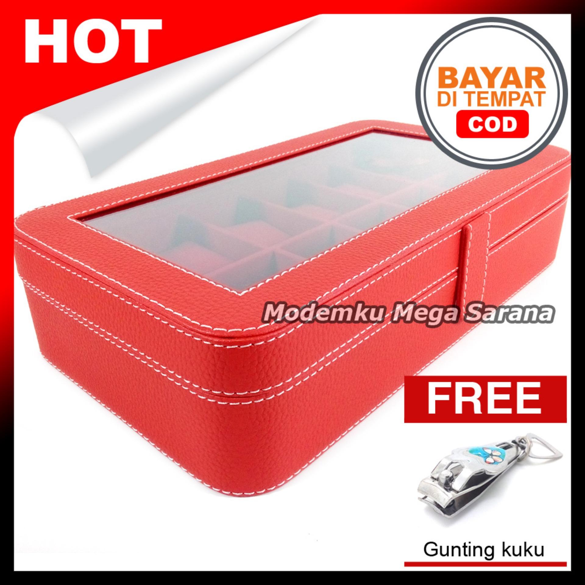 Kerajinan Jogja Kotak Jam Tangan Isi 12 Oval Tempat Box Jam Tangan - Merah dlm Merah + Gratis Gunting Kuku