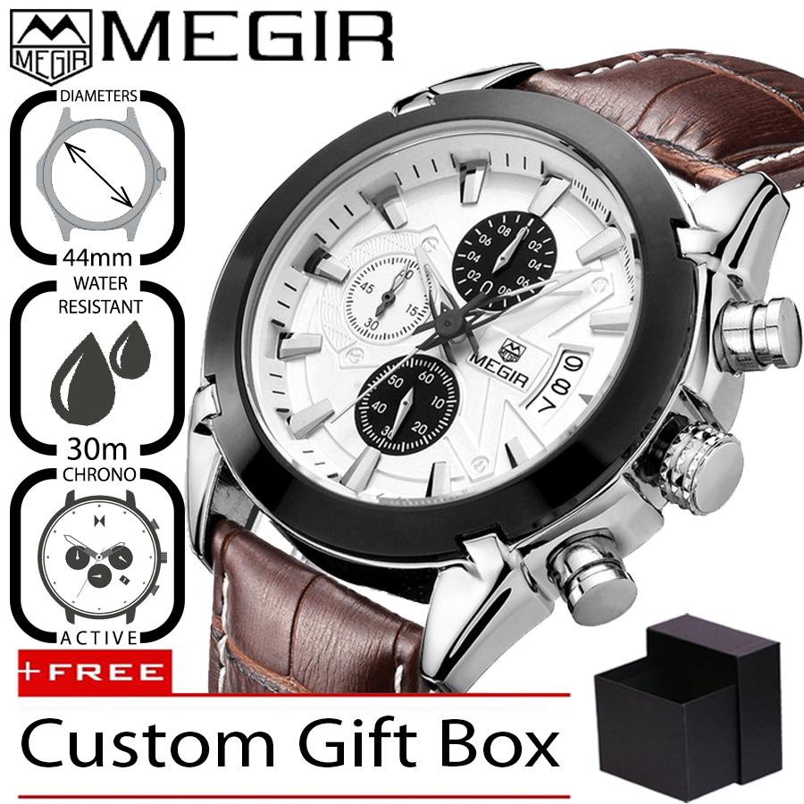 Megir 2020 Jam Tangan Pria Premium Business Luxury Analog Kulit 44 mm - Anti Air 30 M - Active Chronograph Watches