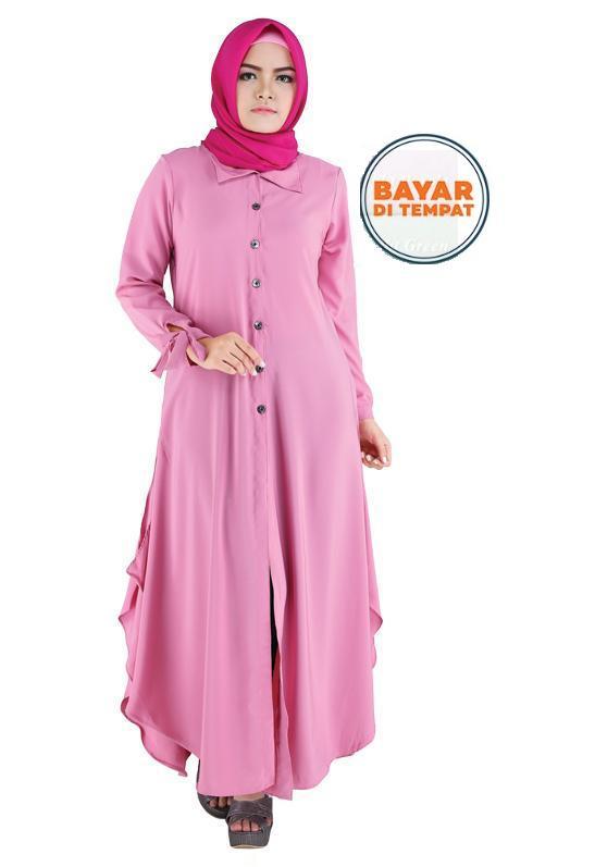 Raindoz Baju Gamis Muslim Cantik Trendy Woll Peach ROK027 Wanita - Pink