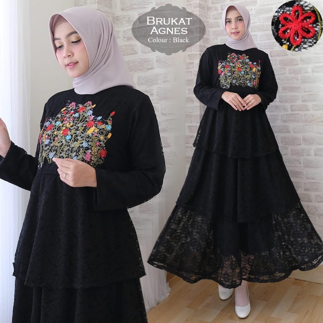 GAMIS BRUKAT FULL FURING AGNES WARNA HITAM ( TANPA PASMINA)