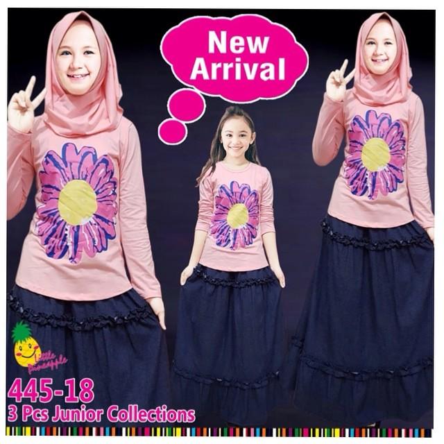 Little pineapple setelan kaos rok denim sunflower hijab anak 6-11Y
