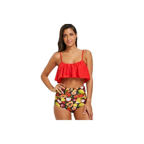 Buah Cetak Lipatan Tinggi Pinggang Bikini Set