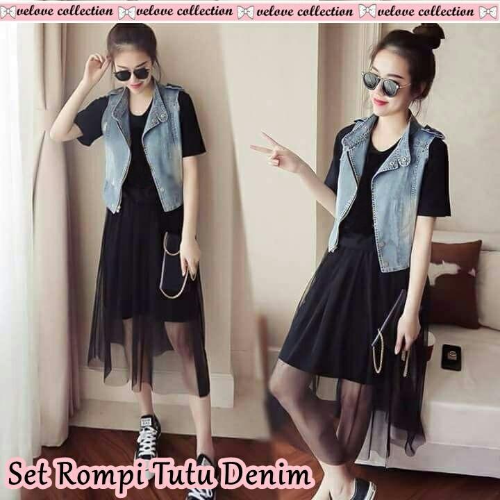 J&C Setelan Rompi Tutu Denim / Setelan Dress Denim / Setelan Wanita / Setelan 2 in 1 / Setelan Dress / Mini Dress Denim / Mini Dress / Casual Dress / Dress Kasual / Dress Korea / Rompi Denim