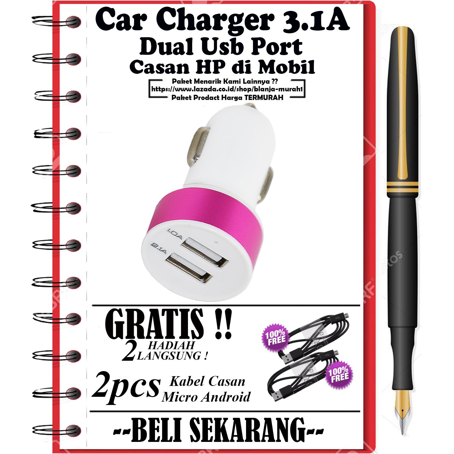 Car Charger Dual USB 3.1 Ampere 2 USB Port Casan HP di Mobil - GRATIS 2Pcs Kabel Charger Casan Android