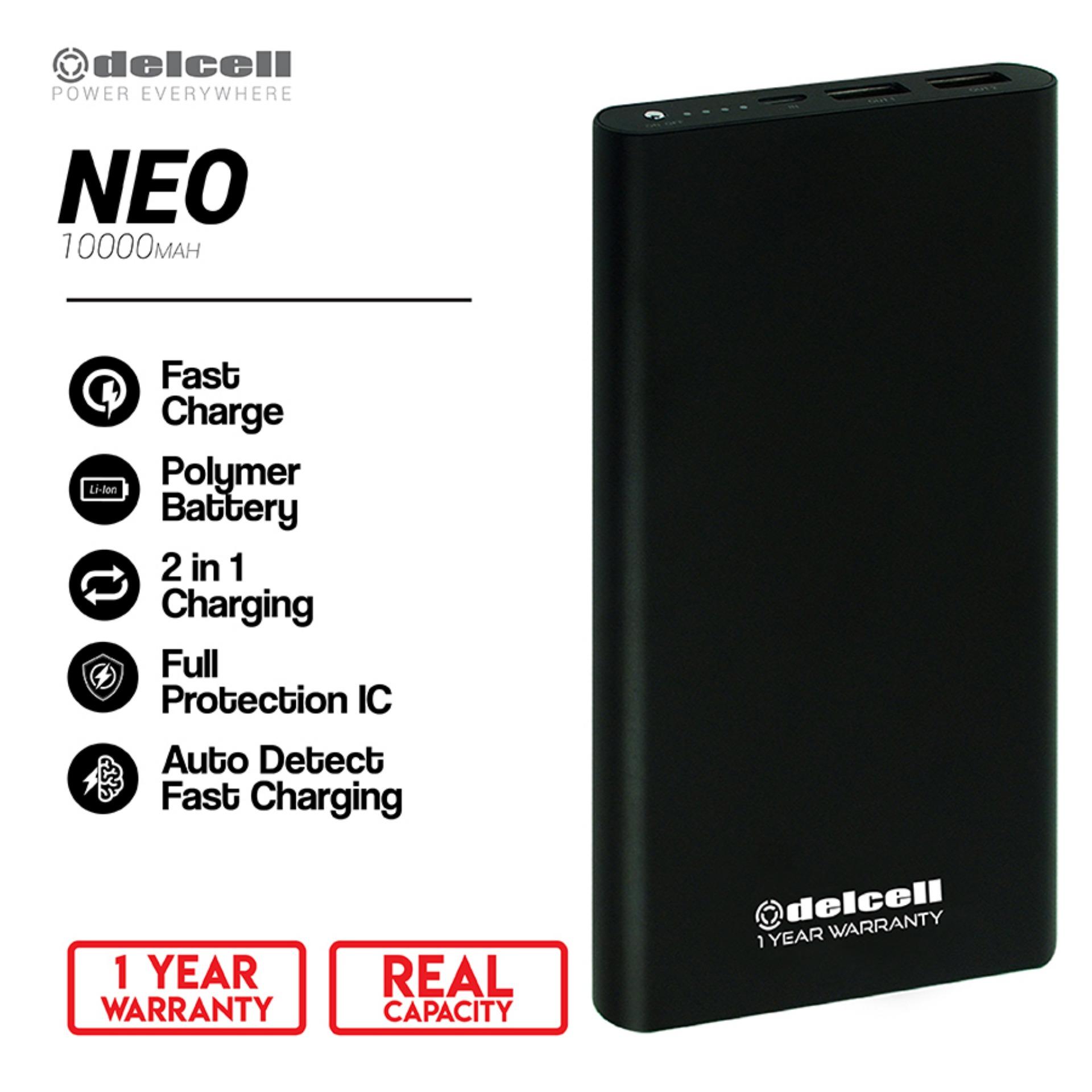 Delcell 10000mAh Powerbank NEO Real Capacity Fast Charging Slim Powerbank Polymer Battery Dual Output Garansi Resmi 1 Tahun Power Bank Murah Berkualitas - Black