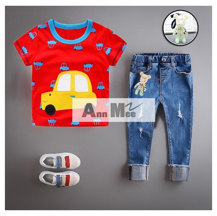Ann Mee Cars - Stelan Baju Kaos Dan Celana Panjang Jeans Anak Laki-Laki