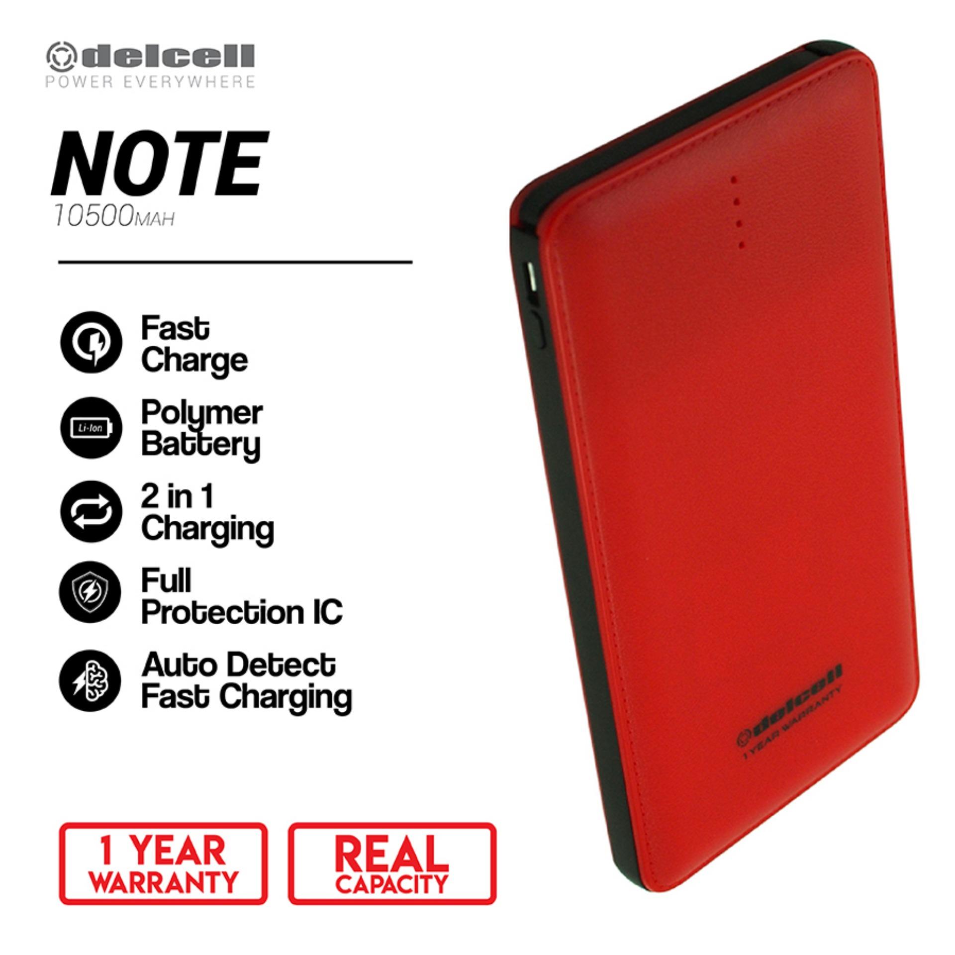 Delcell 10500mAh Powerbank NOTE Real Capacity Polymer Battery Build in Cable Fast Charging Garansi Resmi 1 Tahun Slim Power Bank Fast Charge - Merah