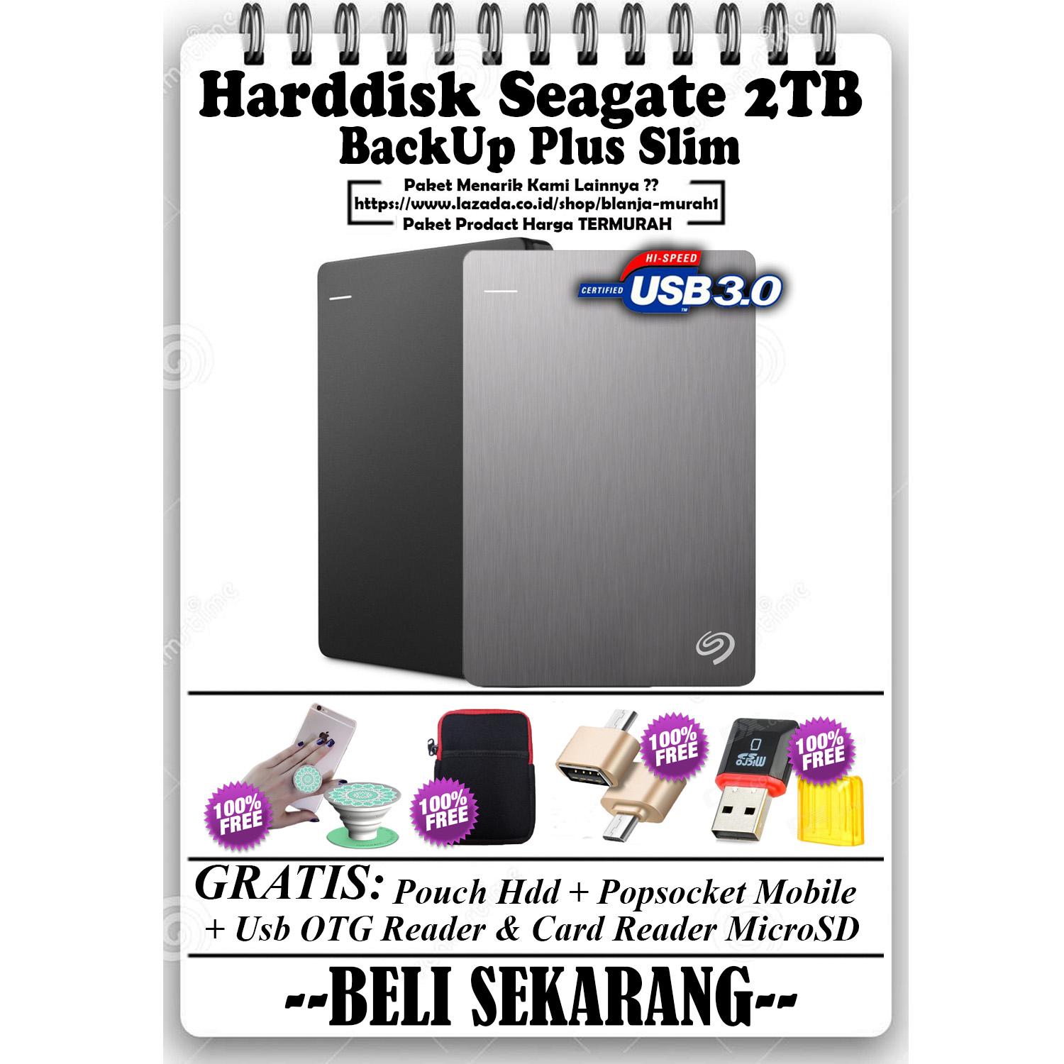 Seagate Backup Plus Slim 2TB - HDD - HD - Hardisk External 2.5 - GRATIS Pouch Harddisk + Otg Mini Reader + Card Reader MicroSD & Popsocket Mobile