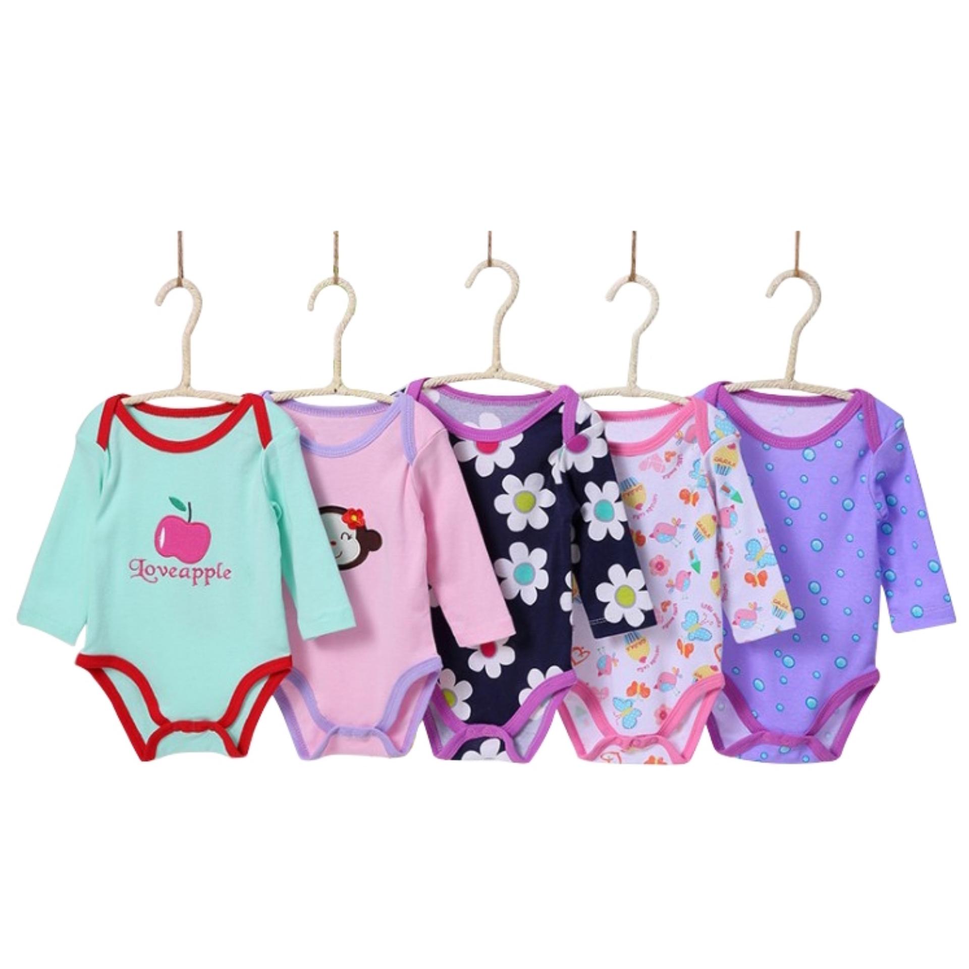 Wulanda 5 pcs baju bayi perempuan jumper romper bodysuit lengan panjang