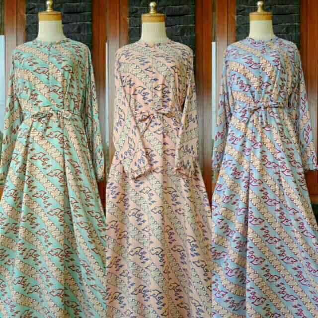 Gamis batik mega mendung dress motif syari busana muslim baju wanita kondangan lebaran Cirebon corak (salem)