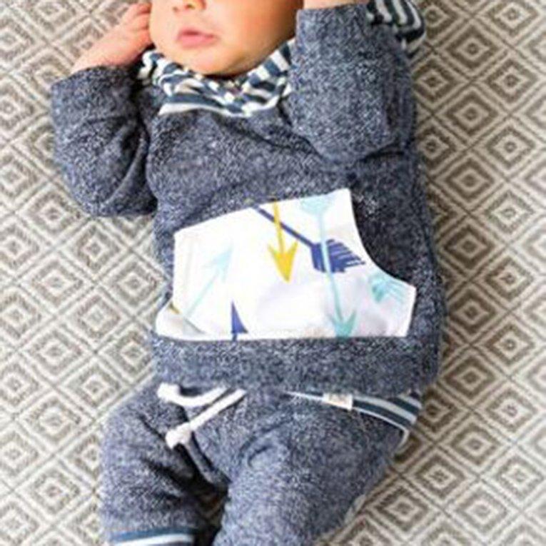 Bayi Lengan Panjang Uniseks Panah Cetak Bergaris Pullover Berkerudung & Celana Set
