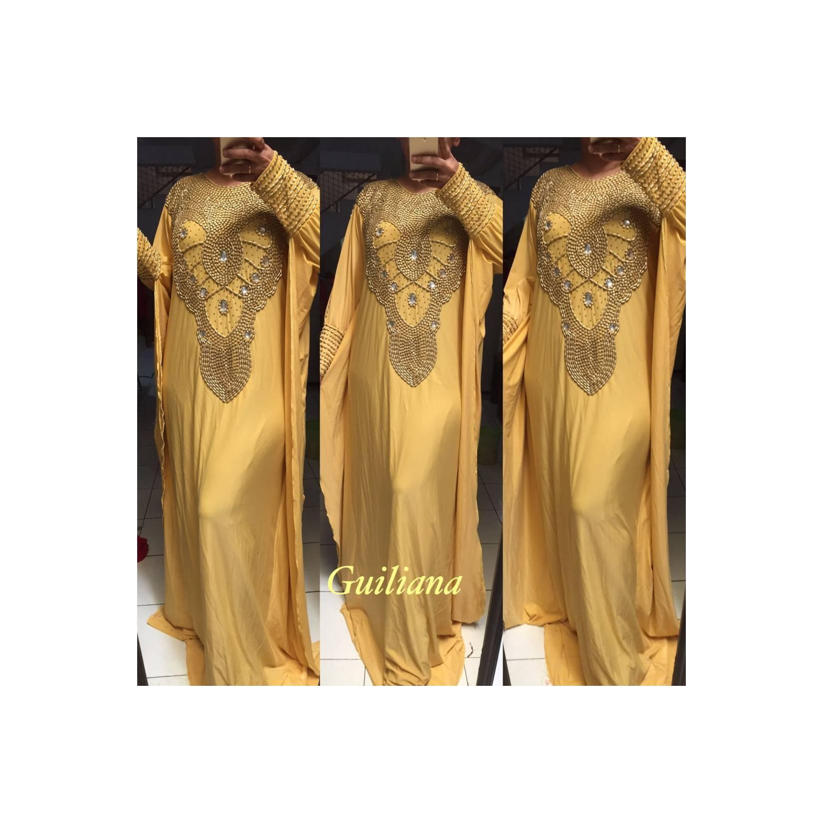 BELI KAFTAN ABAYA MAXI DRESS SUPLIER SPANDEX MANIK GUILIANA KUNING