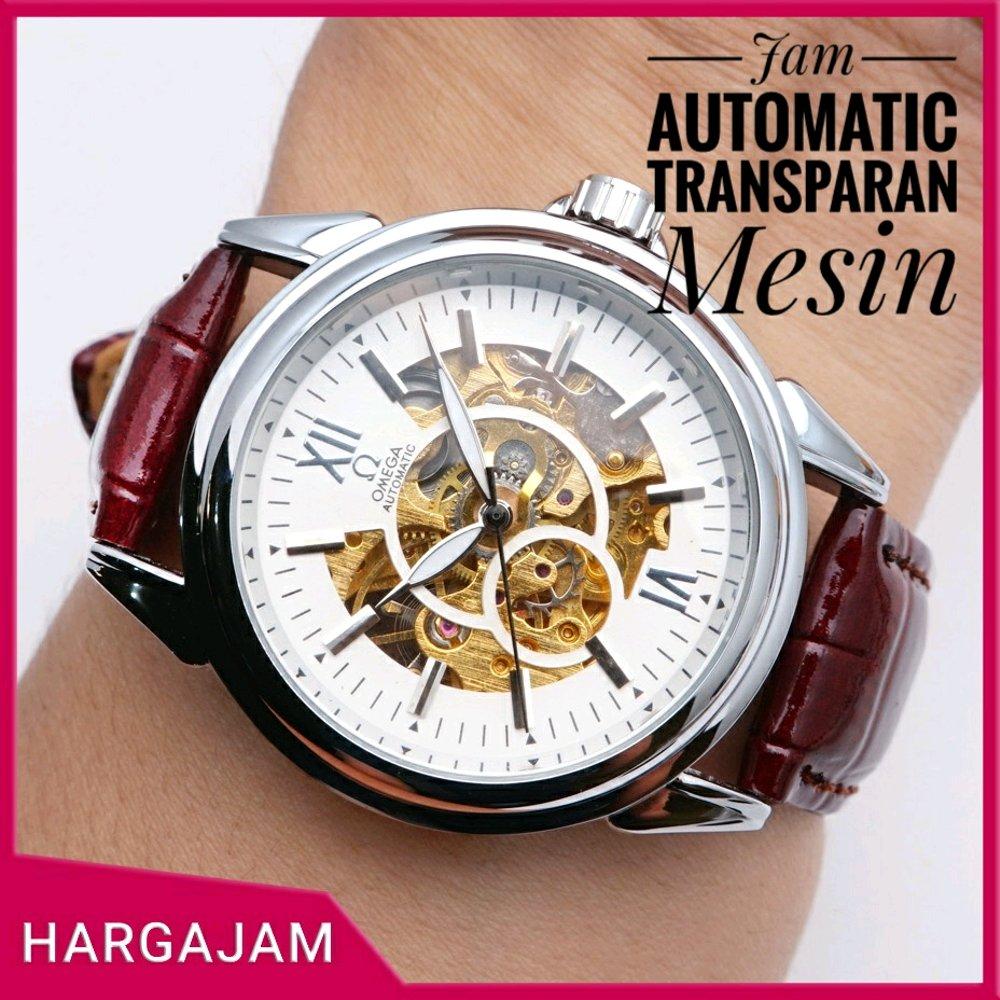Jam Tangan Automatic Omega Skeleton OS0738 Leather by hargajam matic otomatis transparan mesin