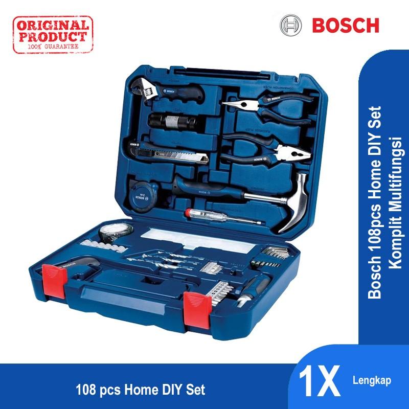 Bosch 108 Pcs New Tool Set Multifungsi - Obeng, tank, cutter, meteran, tespen, mata bor, kunci l, plastic box- Harga Murah