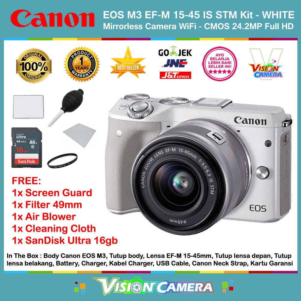 CANON EOS M3 EF-M 15-45 IS STM Kit Kamera Mirrorless M3 CMOS 24.2MP Full HD 1080p 49 AF Points (Garansi 1th) + Screen Guard + SanDisk Ultra 16gb + Filter 49mm + Air Blower + Cleaning Cloth