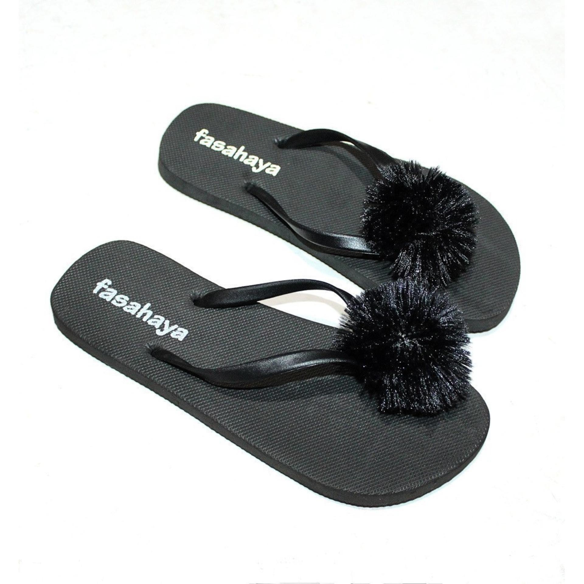 Fasahaya Sandal Pompom/ Sendal Pompom Wanita Jepit Spon Teplek Santai Cantik Terbaru Murah Meriah JPT02 Hitam