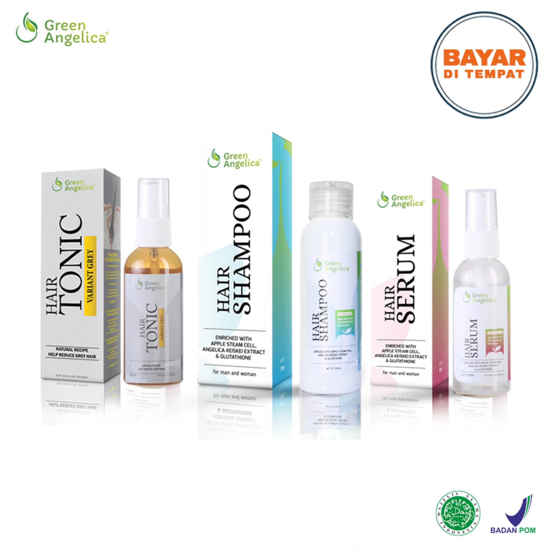 Paket Obat Penghitam Uban / Penghilang Uban Maksimal ( Hair Tonic Variant Grey , Hair Serum , Hair Shampo ) Original 100% *FREE POUCH* Green Angelica
