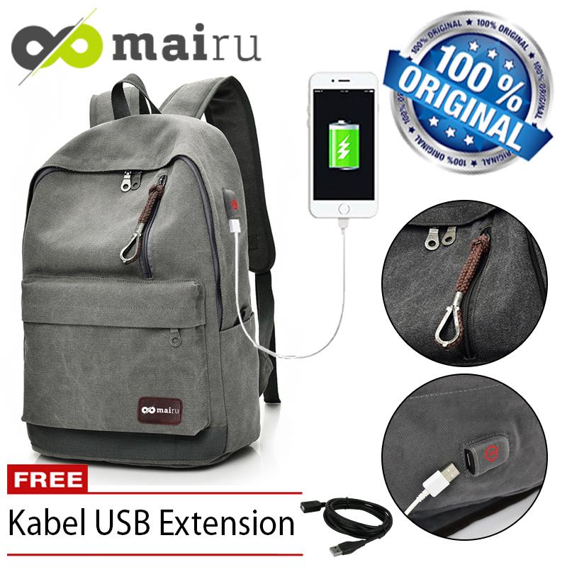 Mairu Tas Ransel Laptop Pria Wanita Sekolah Backpack Kanvas Travel Support USB Charger Port Unisex Korea BC-HB-USB