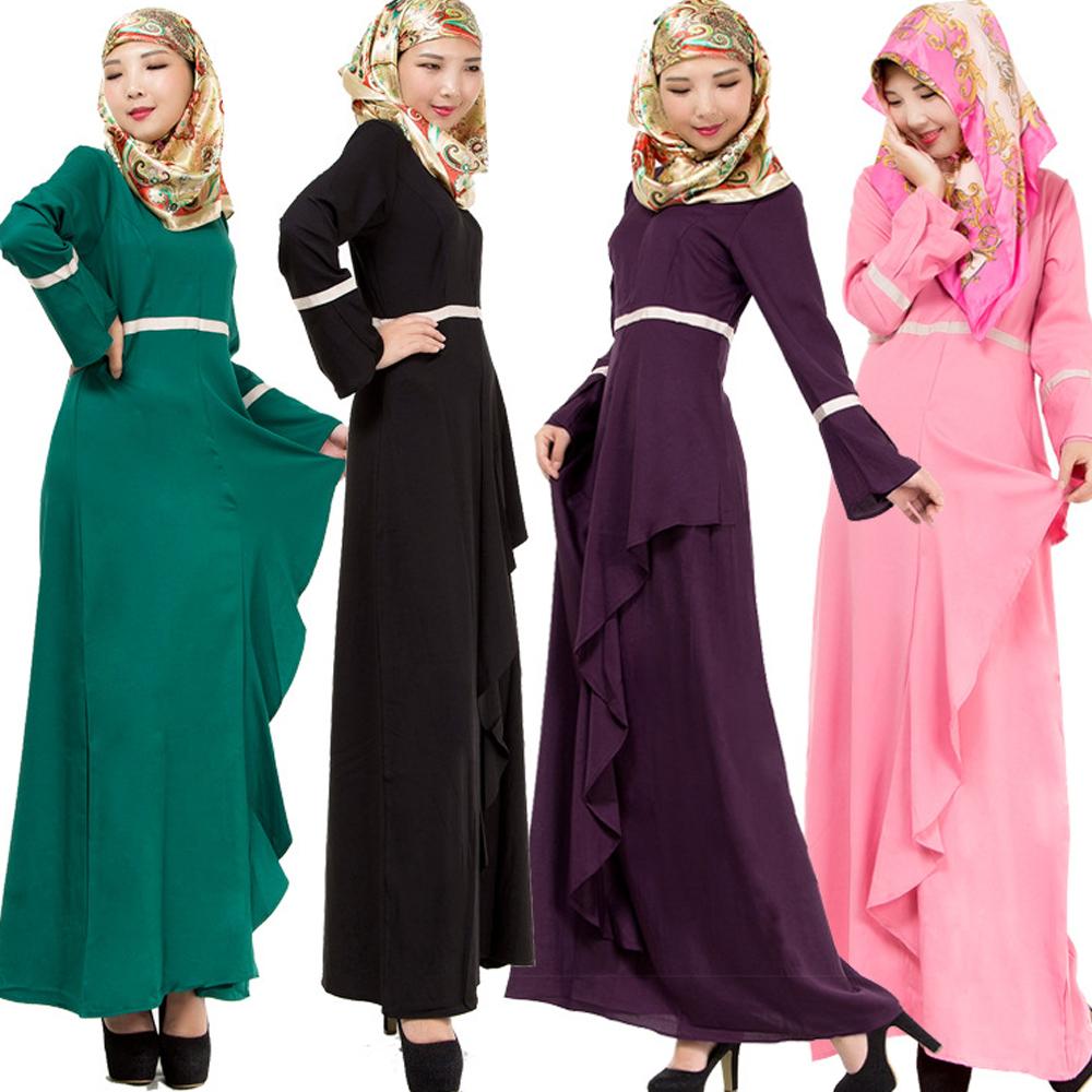 Linen Melayu Dress Wanita Arab Muslim Gaun Rok Lengan Panjang Terusan-Internasional