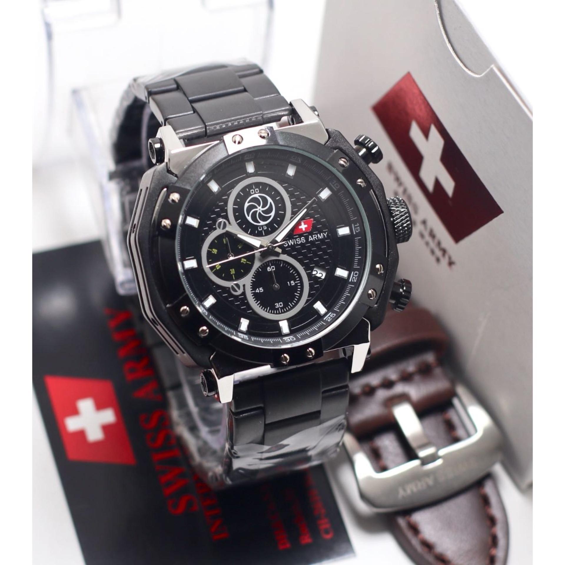 SWISS ARMY JAM TANGAN PRIA FITUR CHRONO/TANGGAL AKTIF BODY STAINLESS FREE (BOX EKSLUSIVE SWISS ARMY & TALI KULIT ORY) TALI RANTAI MODEL TERBARU
