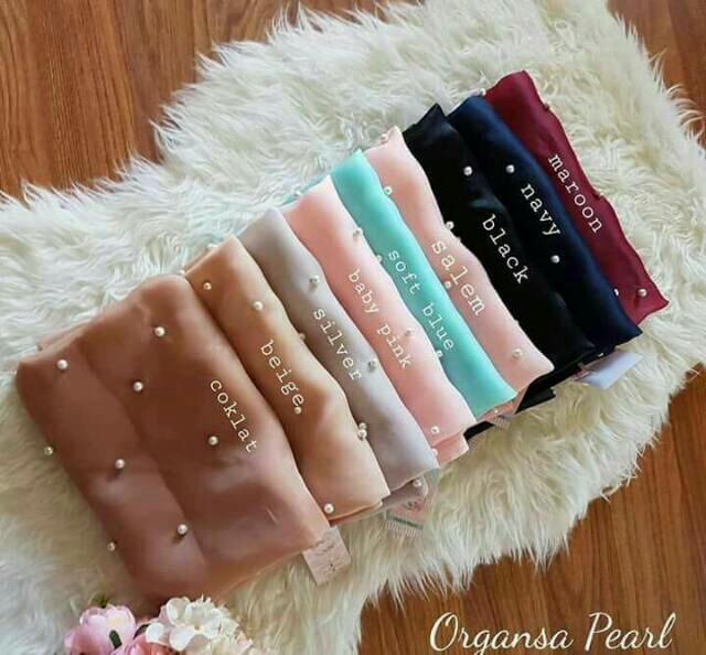 Jilbab segi empat organza pearl premium