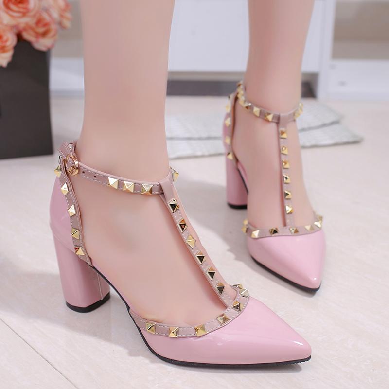 Promosi Besar untuk Sandal Tumit Tinggi Wanita Sandal Kulit T-strap Sepatu Pointed-Ujung Kaki Sepatu Dansa Wanita tinggi Heel Sandal T-strap Kulit Sandal Pointed-Ujung Kaki Pakaian Sepatu Sepatu Tari