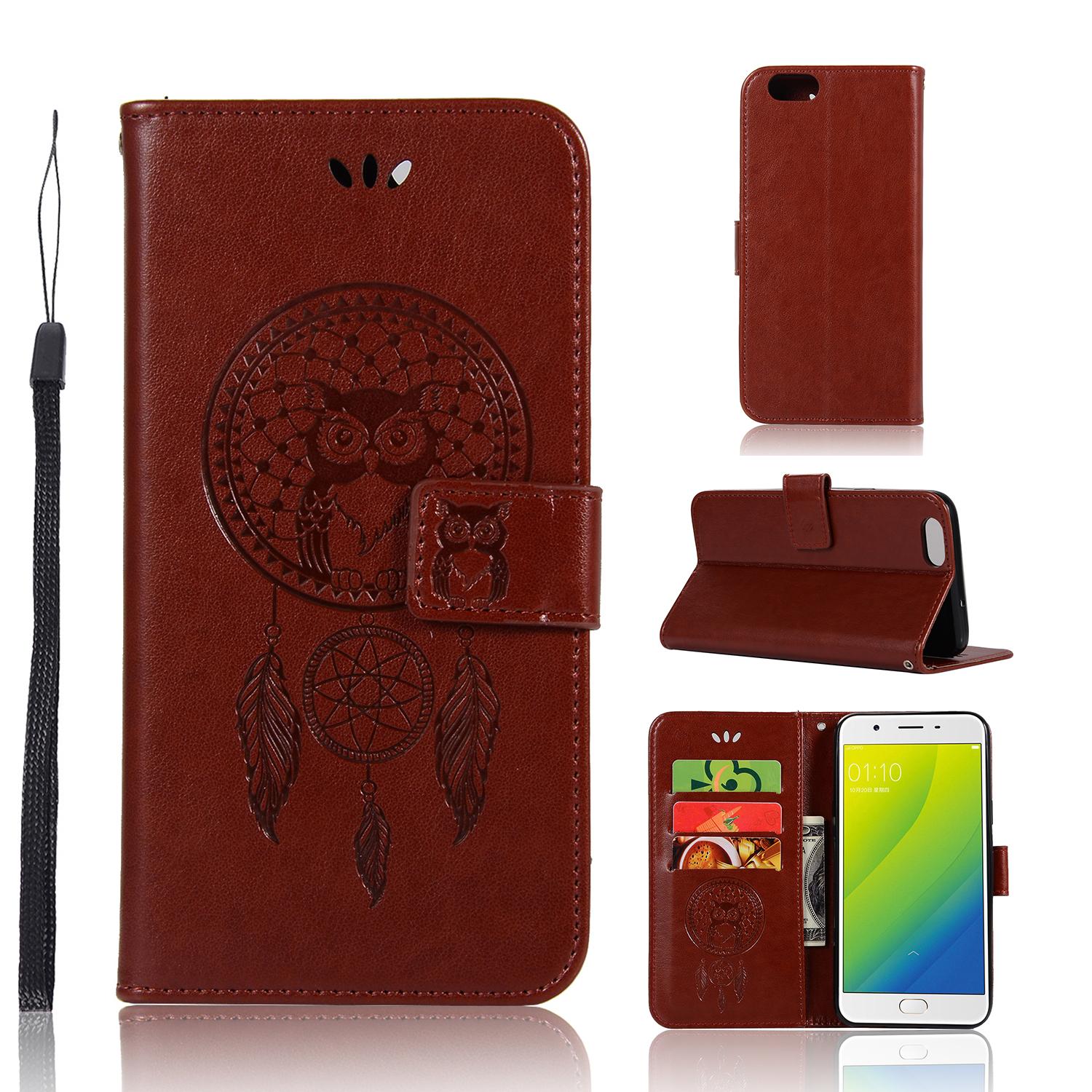 Untuk OPPO A57/A39/F3 Lite, 3D Hiasan Timbul Modis Peraih Mimpi Burung Hantu PU Kulit Case, magnetik Lipat Stand Penyangga Sarung Pemegang Kartu & Tali Tangan-Internasional